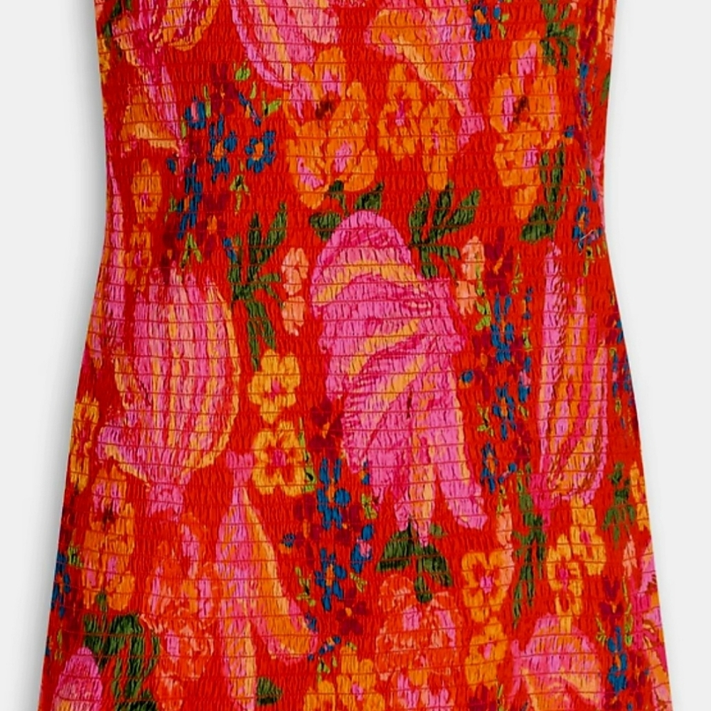 FARM Rio Vibrant Pink and Orange Floral Smocked Mini Dress. Bananas - Picture 4 of 4